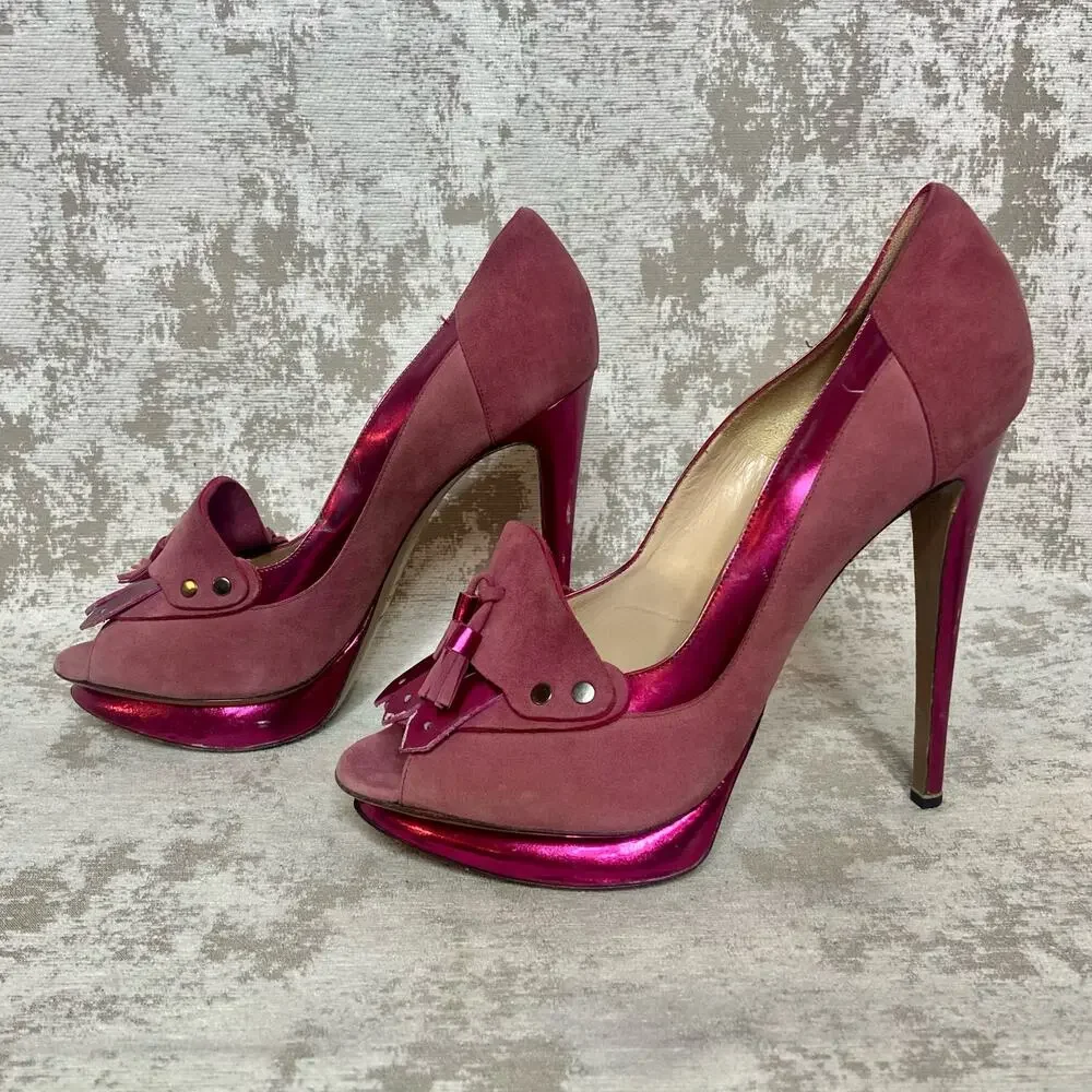 Nicholas Kirkwood Kiltie Suede and Metallic Tassel Loafer Stilettos in Pink